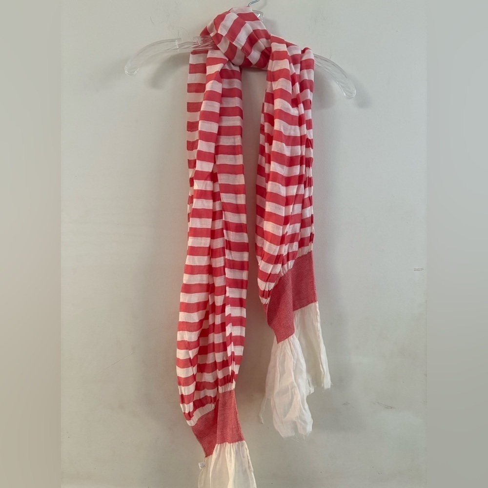 lightweight, red and white striped scarf with ruffled ends. NWOT